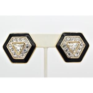 Swarovski Vintage Crystal Clip Earrings Black Enamel Heavy SAL Signed 80s BinBF